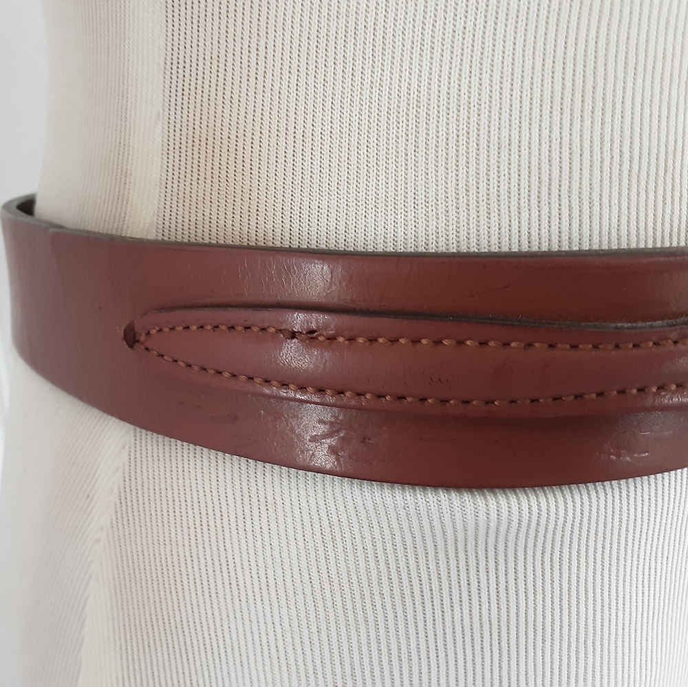 Full Grain Smooth Cowhide Double Strap Brass Buckle Thick Leather Belt Sz M -Vtg - Picture 4 of 8